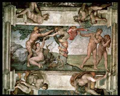 Sistine Chapel Ceiling: The Fall of Man and the Expulsion from the Garden of Eden, with four Ignudi (pre-restoration) by Michelangelo Buonarroti